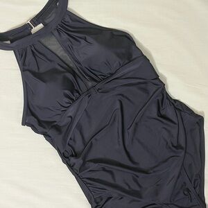 Black Mesh Halter One Piece Swimsuit Ruched Women’s M Resort Swim